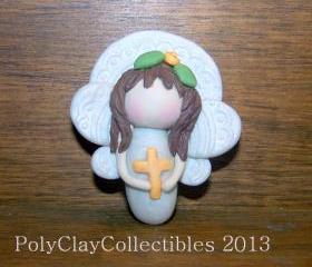 Angel Holding Cross - Polymer Clay -- Handmade Keepsake - Collectible - Brooch - Pin