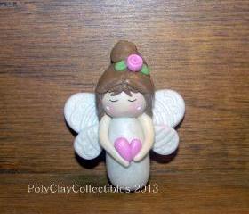 Angel - Pink Heart - Polymer Clay - Keepsake - Brooch Pin