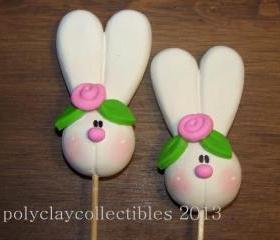Bunny With Pink Flower - Cupcake Toppers - Baby Shower - Bake Sales - Set of 6