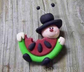 Mr Ladybug Eats Watermelon -Polymer Clay - Pin - Cupcake Topper 