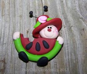 Mrs. Lily Ladybug Eating Watermelon - Polymer Clay - Brooch